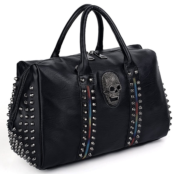 Handbags - Skull Tote Duffle Bag / Studded Colorful Zip Handbag / PU Leather / With Strap